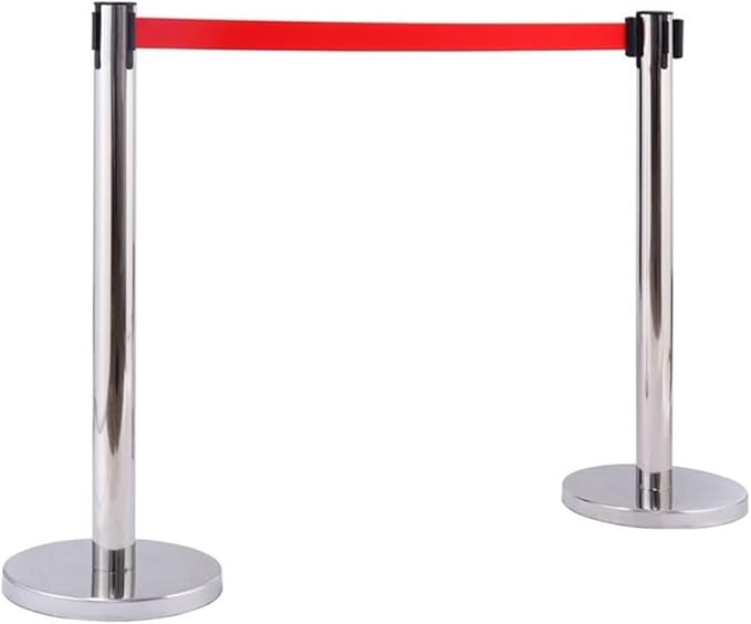 Pemberly Row Stainless Steel Queue Poles 35 in Height Silver with Red Belts Set of 6 Rust-Resistant Finish Stable Cement-Filled Base Rubber Floor Protection Crowd Control for Public Spaces