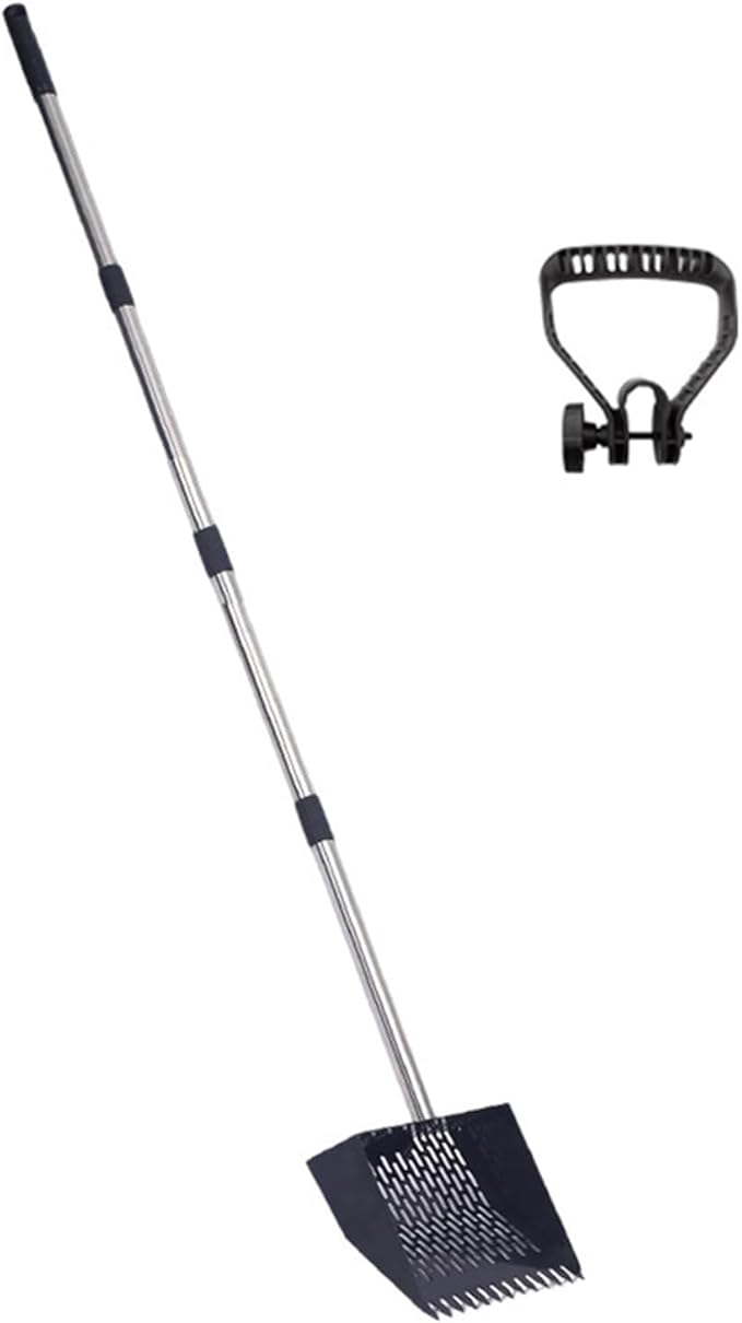 Adjustable manure shovel made of stainless steel with ergonomic and sieve plate for poultry farms. Durable manure shovel made of iron with rubber chain