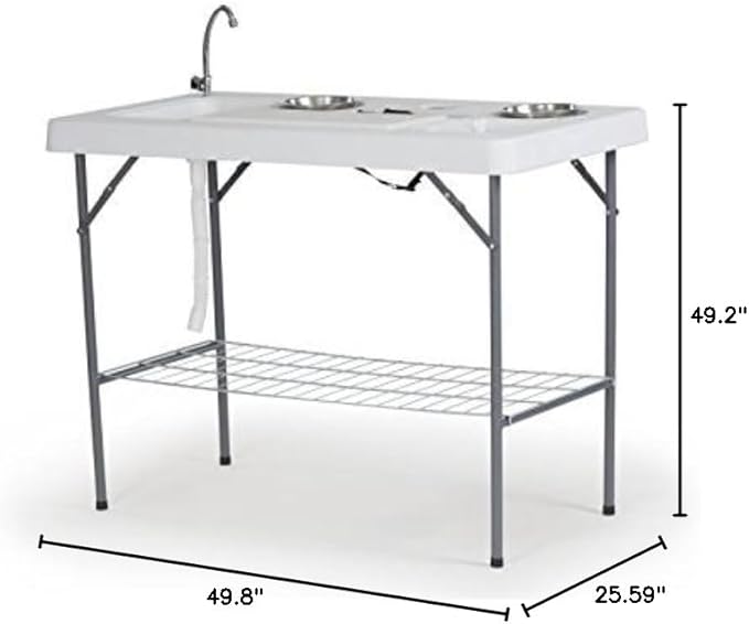 Old Cedar Outfitters Deluxe Fish Fillet Table or Portable Folding Camping Kitchen with Cutting Board Bowls Knife Odor Bar Sink Drain and More! 49.8 x 25.6 x 37.2 WhiteCamp