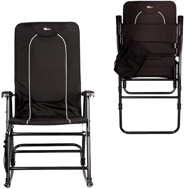 Faulkner Dakota Folding Rocking Chair Black Padded Seat and Backrest Lightweight Steel Frame Side Pouch 300 lb Capacity Foldable Outdoor Camping and Patio Chair