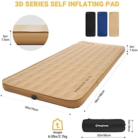 KingCamp Self Inflating Sleeping Pad R 7.9 Air &amp Foam Sleeping Pad for Camping 3 Thick Single Camping Mattress with 3D Sidewalls &amp Wave Surface Cut for Outdoor Tent Cot Car PVC Free (Khaki