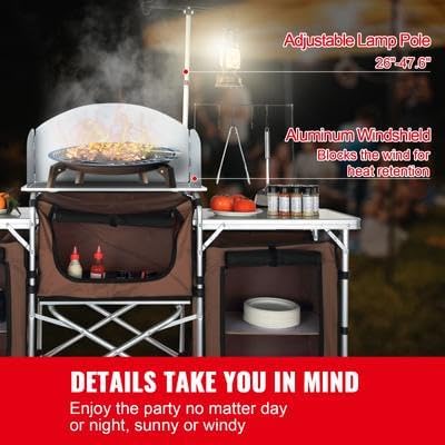 Happybuy Camping Kitchen Table Folding Outdoor Cooking Station with Storage Bag Aluminum Cook Table with 3 Cupboards &amp Detachable Windscreen Quick Setup for Picnics BBQs RV Travel Brown