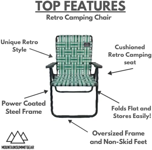 MOUNTAIN SUMMIT GEAR Retro Webbed Camping Chair - Lightweight Foldable Durable Steel Frame 300lb Capacity Vintage Stripes by Caddis Sports (2 Sage Green)