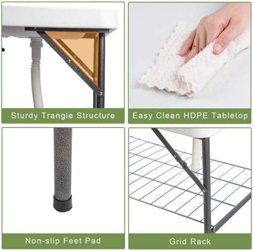 40 Folding Fish Cleaning Camping Table w/Faucet &amp Sink Outdoor Portable Fillet Station w/Grid Frame Knife Groove Multifunctional Washing Table for Camping or Kitchen White