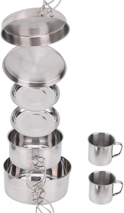 8PCS Stainless Steel Camping Cooking Set Cookware Mess Kit Cook Pots and Pan Set with Plates Cups Lightweight Camping Cookware for Hiking Backpacking Outdoor Cooking and Picnic