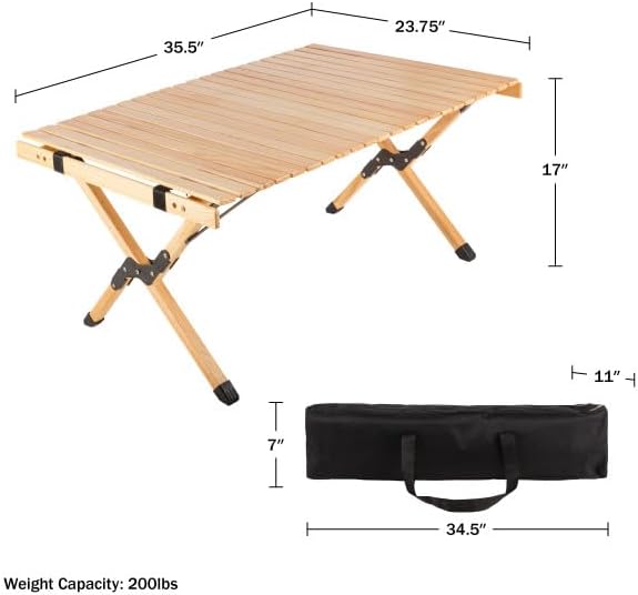 Foldable Camping Table - Roll Up Folding Table - Easy Assembly Portable Picnic Table with Carry Bag - Indoor or Outdoor Low Height Travel Party or Beach Table by Wakeman Outdoors (Natural Wood)