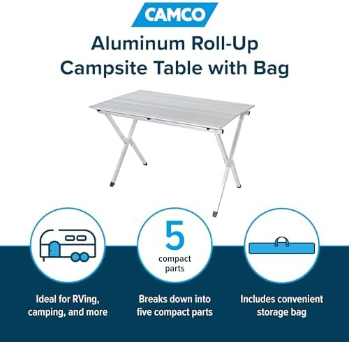 Camco Aluminum Roll-Up Campsite Table with Carrying Bag - Ideal for Tailgating Camping The Beach Parties and More - Lightweight Design and Rust Resistant (51896)