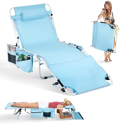 Bonnlo Oversized Tanning Chair with Face Hole Carrying Bag Folding Beach Lounge Chair for Adults Outdoor Sun Tanning Laying Out Chairs (Blue)