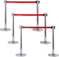 Pemberly Row Stainless Steel Queue Poles 35 in Height Silver with Red Belts Set of 6 Rust-Resistant Finish Stable Cement-Filled Base Rubber Floor Protection Crowd Control for Public Spaces