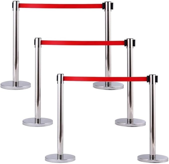 Pemberly Row Stainless Steel Queue Poles 35 in Height Silver with Red Belts Set of 6 Rust-Resistant Finish Stable Cement-Filled Base Rubber Floor Protection Crowd Control for Public Spaces