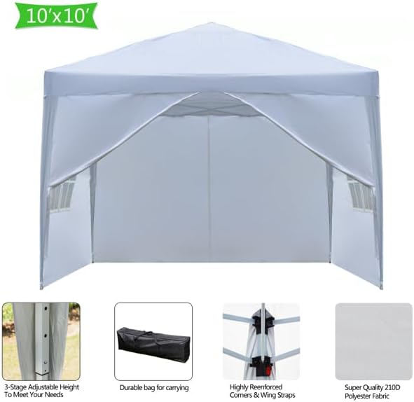 10x10 FT Pop Up Canopy Tent Portable Commercial Canopy Tent Outdoor Gazebo for Home Party &amp OutdoorPortable Shelter Gazebo Easy Outdoor Sun Shade for Events Parties and Camping - White