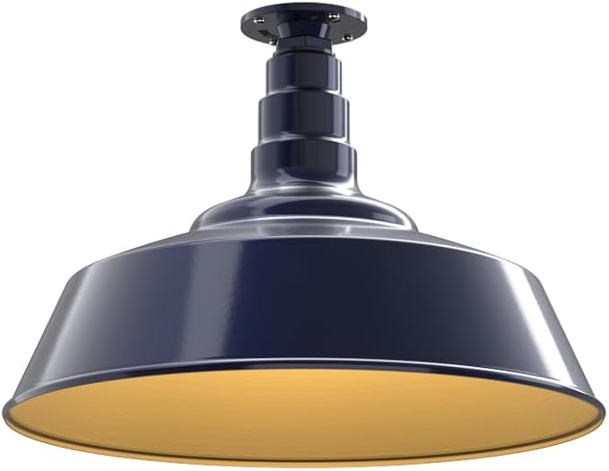 Steel Lighting Co. Manhattan Warehouse Light | Ceiling Mounted Pendant | 20 inch Dome | Flush Mount | Large Steel Barn Light Made in America | Navy Blue Exterior/Brass Interior