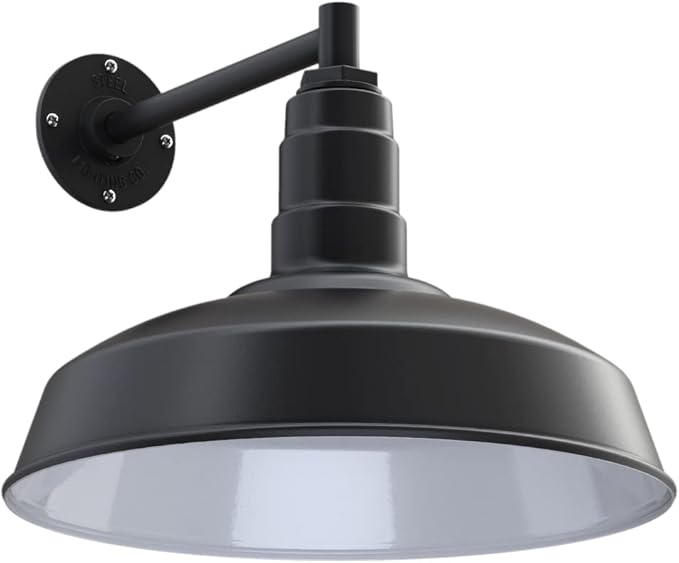 Steel Lighting Co. | Dusk to Dawn | Gardena Barn Light | Outdoor Wall Mounted | 16 Dome | 11 Straight Arm | Farmhouse Light Made in America | Matte Black Exterior/White Interior
