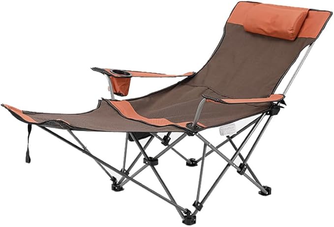 Reclining Camping Chair with Removable Footrest Adjustable Camping Lounge Beach Chair with Padded Headrest Cup Holder &amp Carry Bag Camp Chair with Foot Rest Lawn Chair for Outdoor Patio Orange