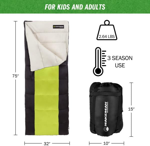 Sleeping Bag - 3 Season Warm and Cool Weather Sleeping Bags for Adults Teens and Kids - Lightweight Compact Spring Summer Fall Camping Sleeping Bag - Camping Essentials by Wakeman
