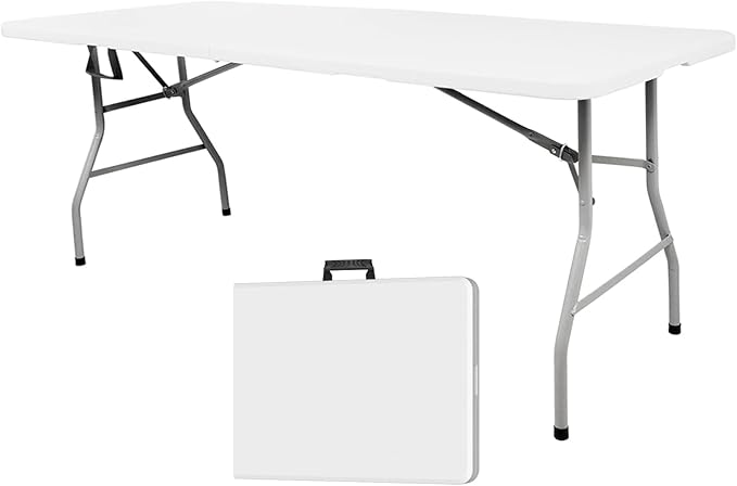 6ft Folding Table Portable Heavy Duty Plastic Utility Foldable Table Indoor Outdoor for Camping Party with Handle Lock - White