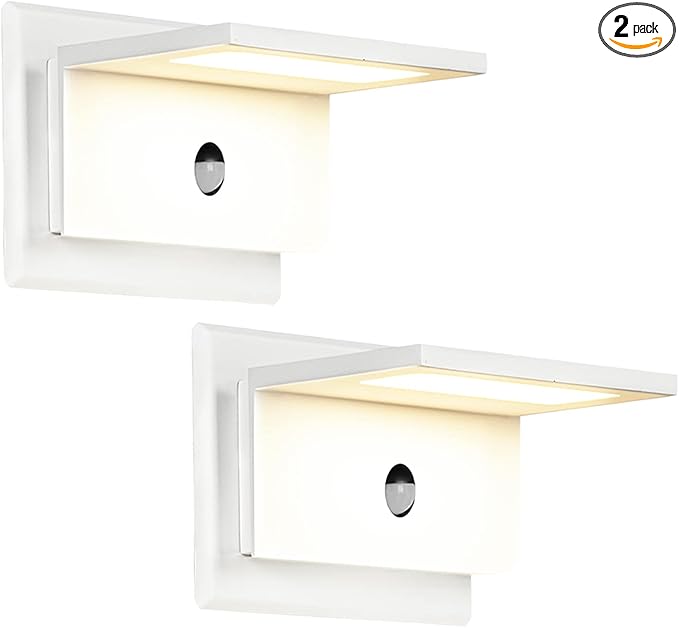 Motion Sensor Outdoor Wall Light 2 Pack White LED Exterior Porch Light Fixture for House Garage Patio Modern Wall Mount Lamp IP54 Waterproof 680LM 10W