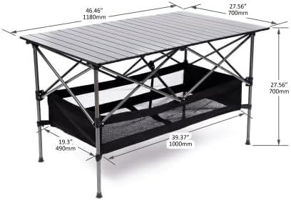 YISH W24172214 Folding Sturdy Aluminum Roll Storage Basket Rectangular Portable Table with Easy Carrying Bag for Outdoor Camping Picnics Beach BBQ Fishing Black