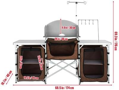 Happybuy Camping Kitchen Table Folding Outdoor Cooking Station with Storage Bag Aluminum Cook Table with 3 Cupboards &amp Detachable Windscreen Quick Setup for Picnics BBQs RV Travel Brown