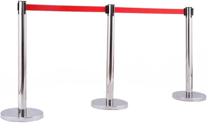 Pemberly Row Stainless Steel Queue Poles 35 in Height Silver with Red Belts Set of 6 Rust-Resistant Finish Stable Cement-Filled Base Rubber Floor Protection Crowd Control for Public Spaces