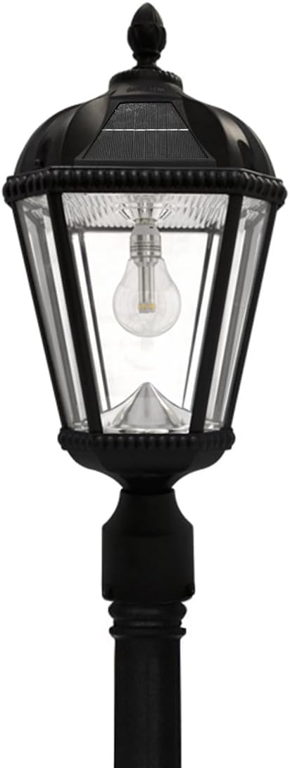 Gama Sonic Solar Outdoor Lamp Post Light Black Cast Aluminum and Beveled Glass Panels 10-Year Royal Bulb Warm White LED with Omni-Direction Reflector 87-inch Height 98B001 (Upgraded Panel)