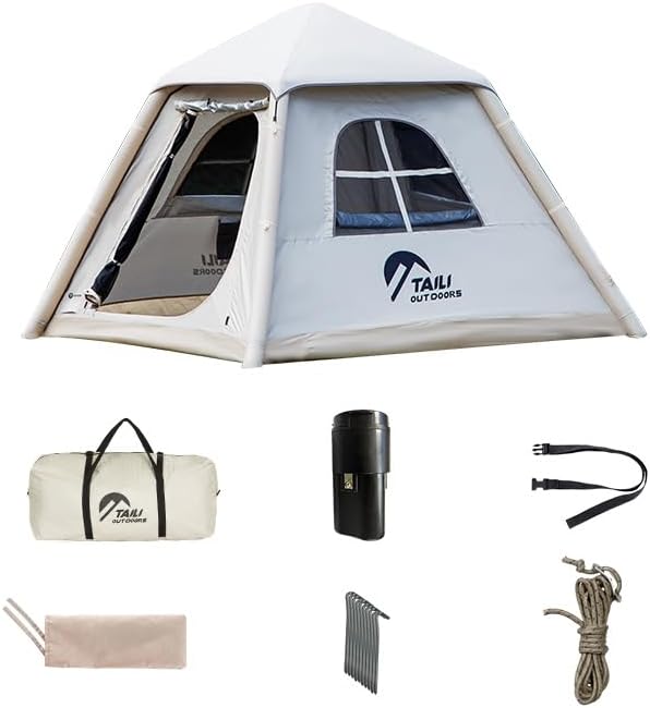 Automatic Inflatable Camping Tent Quick Setup Tent with Electric Air Pump Easy Set up 3-4 Person Blow Up Tents for 4 Seasons Waterproof Windproof Inflatable Tent for Camping
