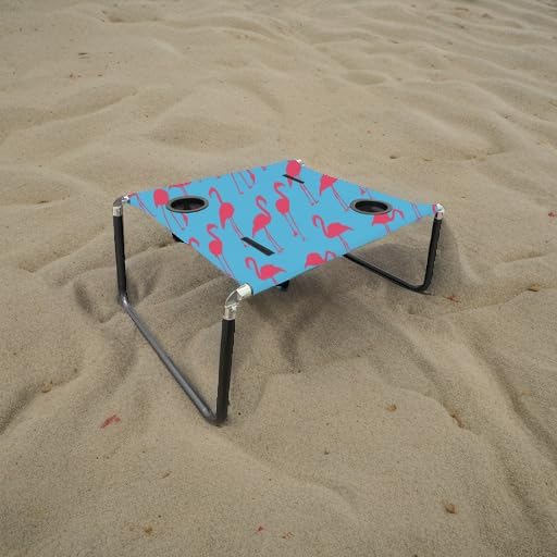 Neso Beach Table - Lightweight Portable and Foldable Table for Beach Camping and Outdoor Adventures - Stable Surface - with Cup Holder for Drinks and Phone Pockets - Flamingos
