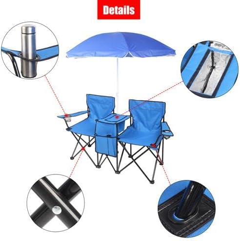 Camping Chairs Folding Double Chair with Removable Umbrella Cup Holders Cooler Bag Side Pocket &amp Carry Bag for Beach Outdoor Sports Concerts Travel Picnic