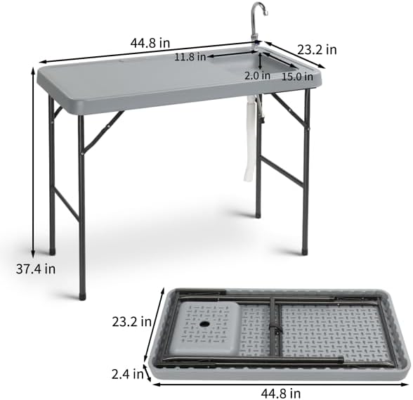 Gray Outdoor Utility Table for Cleaning Fish Deer Cleaning Station Wash Table for Garage Garden Fish Fillet Table Hunting Gear Camping Accessories Washing Tables Folding Table with Sink Faucet