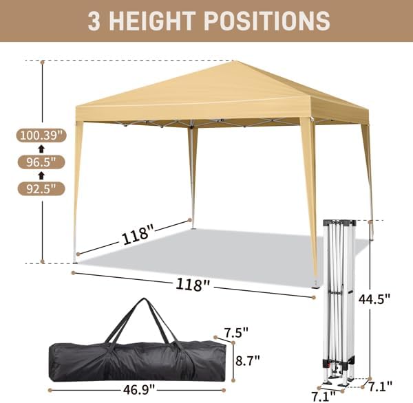 10x10 FT Pop Up Canopy Tent Portable Commercial Canopy Tent Outdoor Gazebo for Home Party &amp OutdoorPortable Shelter Gazebo Easy Outdoor Sun Shade for Events Parties and Camping - Khaki