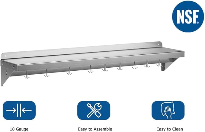 TrailBlaze 12 x 48 NSF Certified Stainless Steel Wall Mount Shelf - Multifunctional Metal Storage Rack with Backsplash and 7 Hooks for Hanging Pots PansCookware in Home and Restaurant