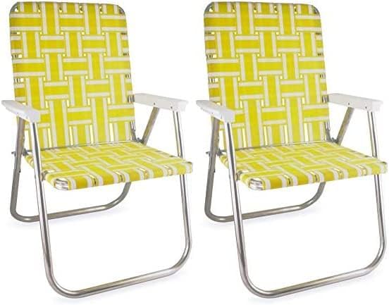 Lawn Chair USA - Outdoor Chairs for Camping. Made with Lightweight Aluminum Frames and UV-Resistant Webbing. Folds for Easy Storage 2- Pack (Yellow and White Stripes with White Arms Classic)