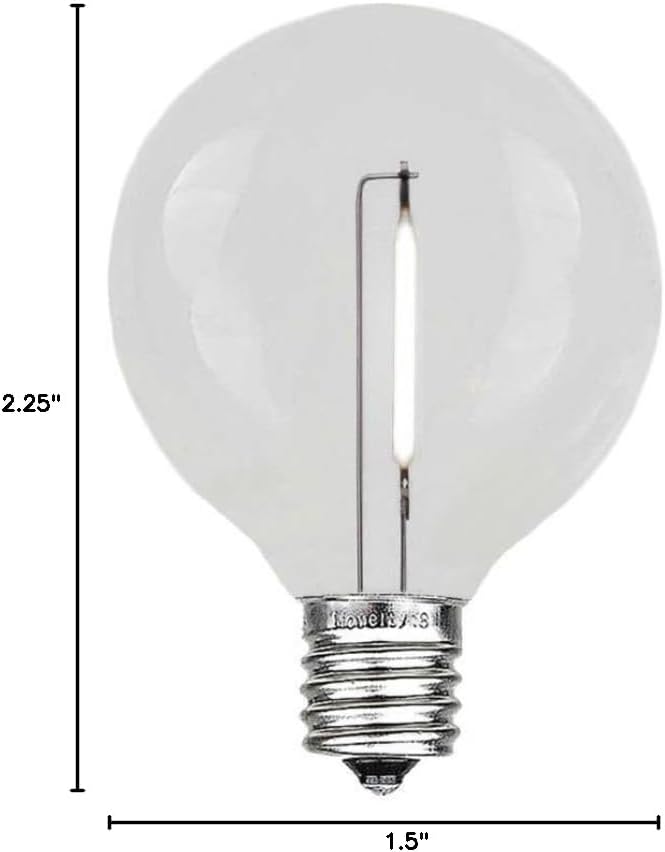 Novelty Lights 25 Pack Pure White G40 LED Filament String Light Bulbs E12/C7 Candelabra Base 5 Watt Equivalent Shatterproof Replacement Bulbs for Patios Canopy Lighting