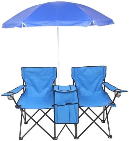 Camping Chairs Folding Double Chair with Removable Umbrella Cup Holders Cooler Bag Side Pocket &amp Carry Bag for Beach Outdoor Sports Concerts Travel Picnic