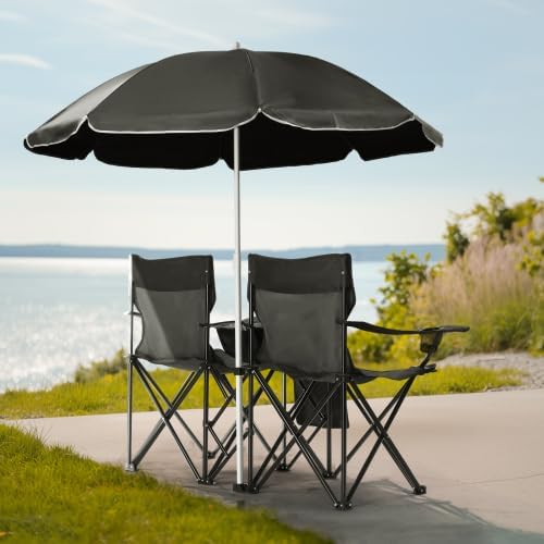 Camping Chairs Folding Double Chair with Removable Umbrella Cup Holders Cooler Bag Side Pocket &amp Carry Bag for Beach Outdoor Sports Concerts Travel Picnic
