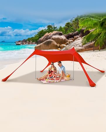 Beach Tent Sun Shelter 6.56 x 5.25ft UPF Sunshade with Sandbags &amp Aluminum Poles Portable Pop-Up Tent for Camping Picnics Fishing Fits 2-3 People (Red Includes Carry Bag &amp Shovel)