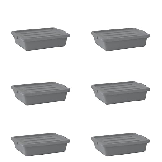 6-Pack 20 x 15 x 5 6.5 Gallon Gray Polypropylene Plastic Bus Tub/Bus Box with Cover