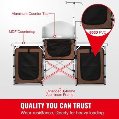 Happybuy Camping Kitchen Table Folding Outdoor Cooking Station with Storage Bag Aluminum Cook Table with 3 Cupboards &amp Detachable Windscreen Quick Setup for Picnics BBQs RV Travel Brown