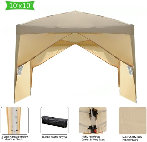 10x10 FT Pop Up Canopy Tent Portable Commercial Canopy Tent Outdoor Gazebo for Home Party &amp OutdoorPortable Shelter Gazebo Easy Outdoor Sun Shade for Events Parties and Camping - Khaki