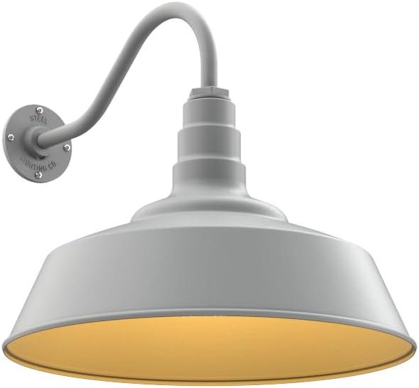 Steel Lighting Co. Large Outdoor Barn Light | Gooseneck Light Fixture | Made in America from 18-Gauge Steel | 20 Dome | 16 Gooseneck Modern Gray Exterior/Brass Interior