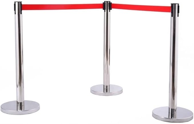 Pemberly Row Stainless Steel Queue Poles 35 in Height Silver with Red Belts Set of 6 Rust-Resistant Finish Stable Cement-Filled Base Rubber Floor Protection Crowd Control for Public Spaces