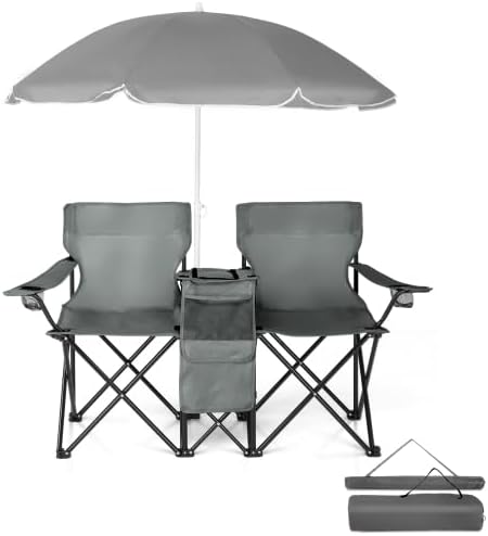 Camping Chairs Folding Double Chair with Removable Umbrella Cup Holders Cooler Bag Side Pocket &amp Carry Bag for Beach Outdoor Sports Concerts Travel Picnic