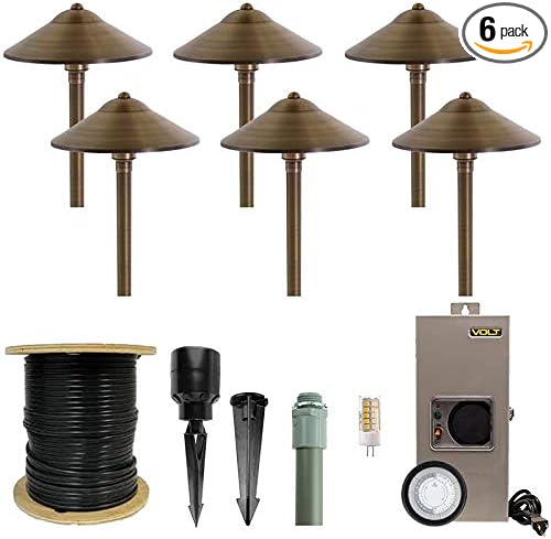 VOLT 12V Brass Max Spread LED Path Light 6-Pack Kit (Bronze) with 150W Low Voltage Transformer for Landscape Lighting on Outdoor Pathway Walkway Garden Driveway or Patio