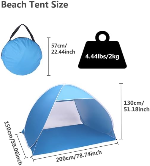 2-3 Person Beach Tent Pop Up Sun Shelter Automatic Shade Canopy with UV Protection Waterproof Portable Lightweight Fishing Camping Hiking Outdoor Tent for Beach Park Lake Blue