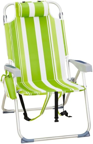 Folding Backpack Beach Chair 4 Position Portable Camping Chair with Headrest Cup Holder and Wooden Armrests (Green Stripes 1 Pack)