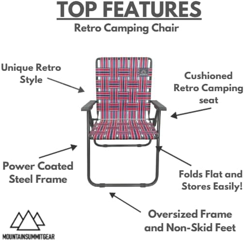 MOUNTAIN SUMMIT GEAR Retro Webbed Camping Chair - Lightweight Foldable Durable Steel Frame 300lb Capacity Vintage Red/White/Blue Stripes by Caddis Sports