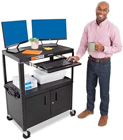 Line Leader Extra Wide AV Cart with Locking Cabinet Rolling Computer Desk Height Adjustable Utility Cart with Pullout Keyboard Tray &amp UL-Listed Power Strip Great for Projectors (42 x 32 x 20in)