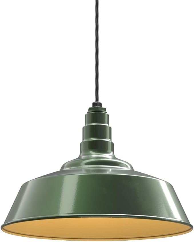 Steel Lighting Co. Manhattan Warehouse Light | Ceiling Mounted Pendant | 20 inch Dome | 4' Black Cord | Large Steel Barn Light Made in America | Hunter Green Exterior/Brass Interior