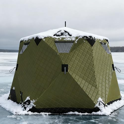 Instant Pop-Up Ice Fishing Tent Insulated 420D Hexagon Shelter for 5-6 People Portable Ice Shanty with Stove Jack &amp Dark Green Camo Ideal for Ice Fishing &amp Winter Camping