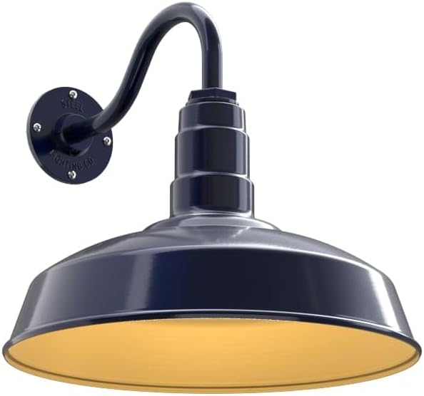 Steel Lighting Co. | Dusk to Dawn | Gardena Barn Light | Outdoor Wall Mounted | 16 Dome | 11 Gooseneck | Farmhouse Light Made in America | Navy Blue/Brass